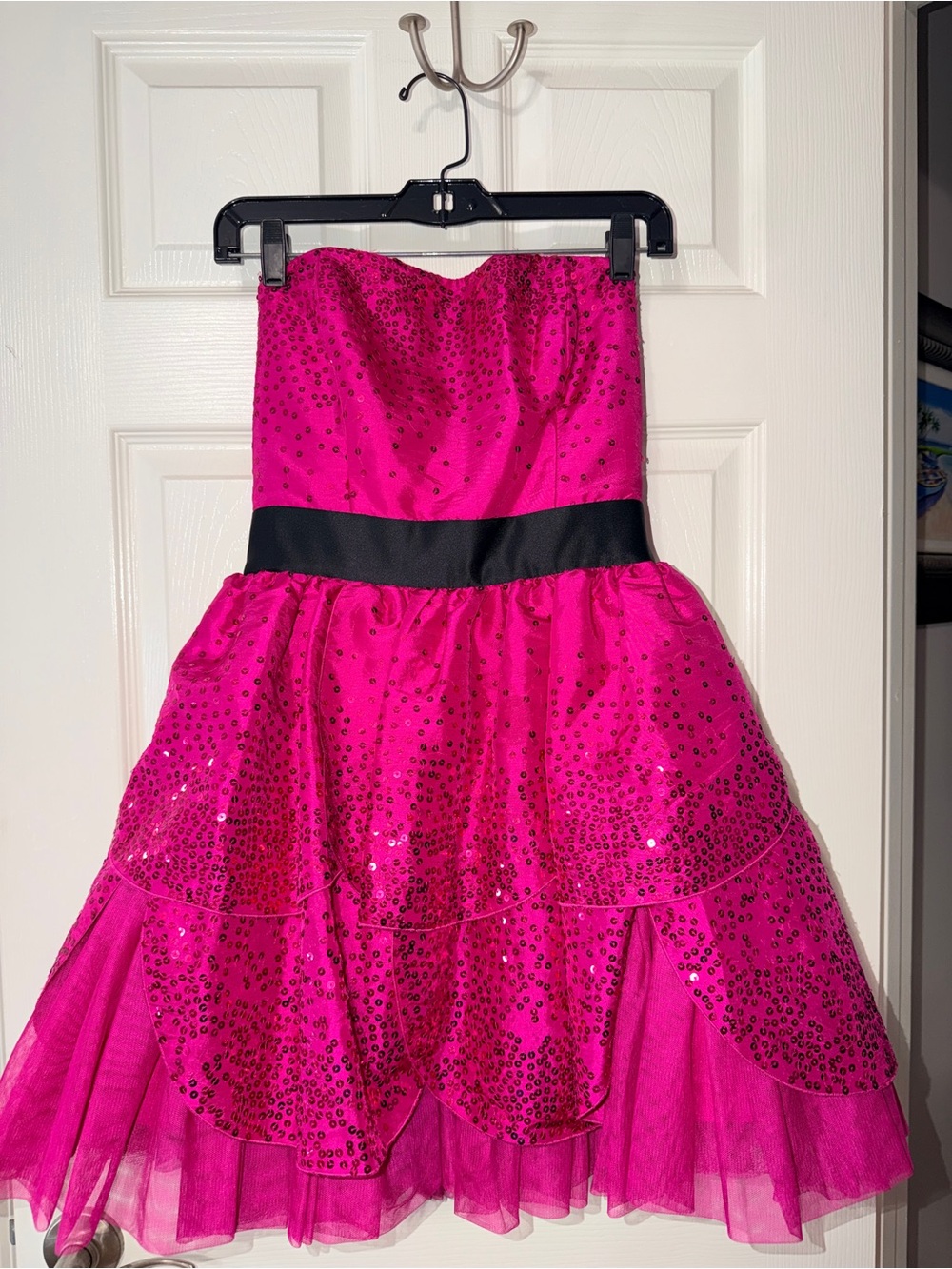 Strapless Fuchsia Sequin Party Dress with Black Waistband